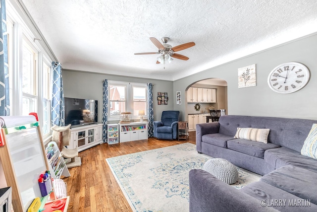 living room with ceiling fan, a textured ceiling, and light hardwood / wood-style floors