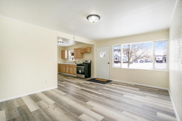 unfurnished living room with light hardwood / wood-style flooring and sink