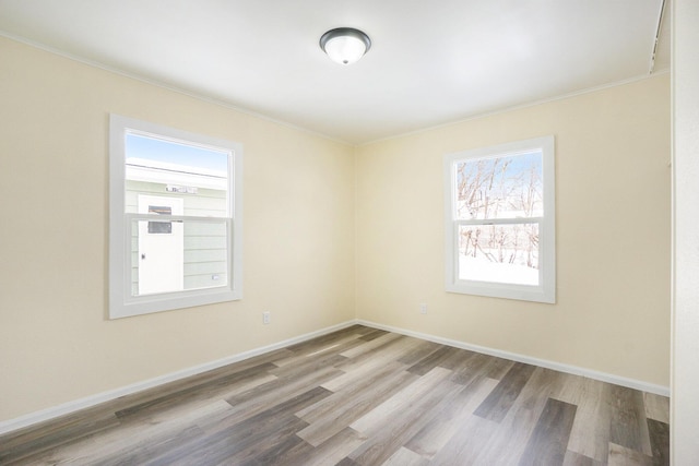 empty room featuring light wood-type flooring and ornamental molding