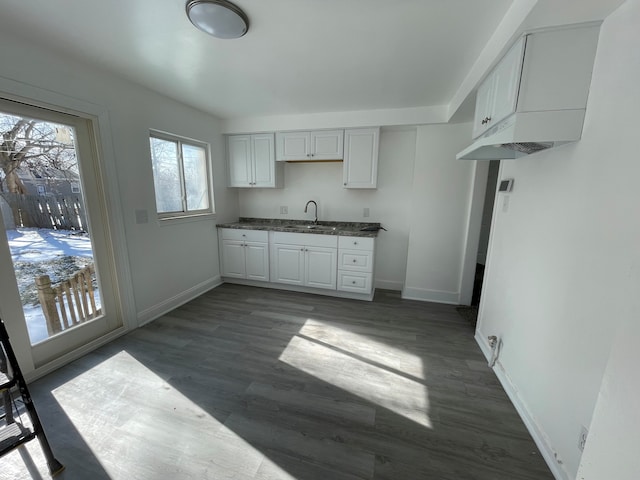 kitchen featuring sink, white cabinetry, and dark wood-type flooring