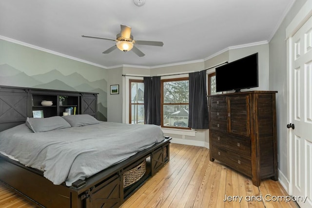 bedroom with ceiling fan, ornamental molding, and light wood-type flooring