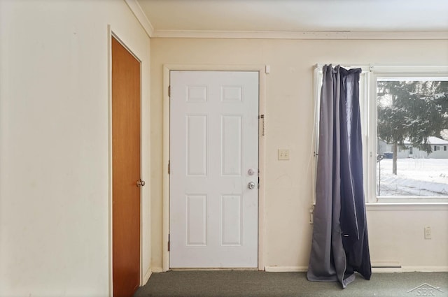 carpeted foyer entrance featuring ornamental molding