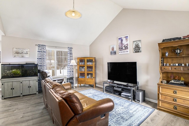 living room featuring light wood-type flooring and vaulted ceiling