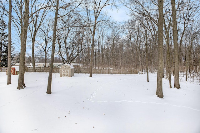 yard covered in snow with a storage unit