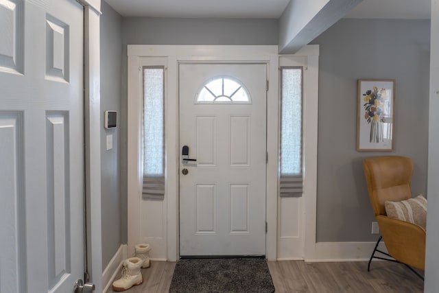 foyer with baseboards and wood finished floors