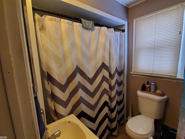 bathroom featuring toilet and a shower with curtain