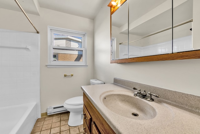 full bath with toilet, tile patterned floors, vanity, a baseboard heating unit, and shower / bathing tub combination