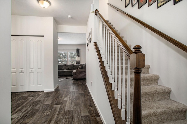 staircase with hardwood / wood-style flooring