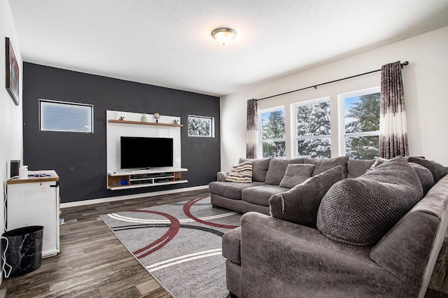 living room with dark wood-type flooring