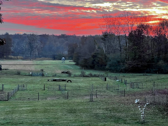 yard at dusk featuring a rural view