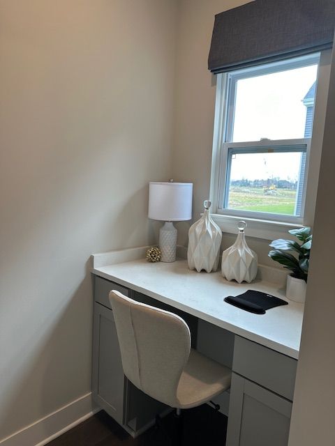 home office with dark hardwood / wood-style flooring