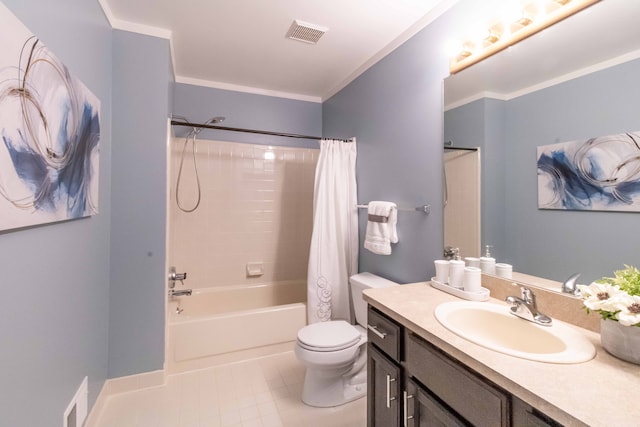 bathroom featuring toilet, visible vents, shower / tub combo with curtain, and vanity