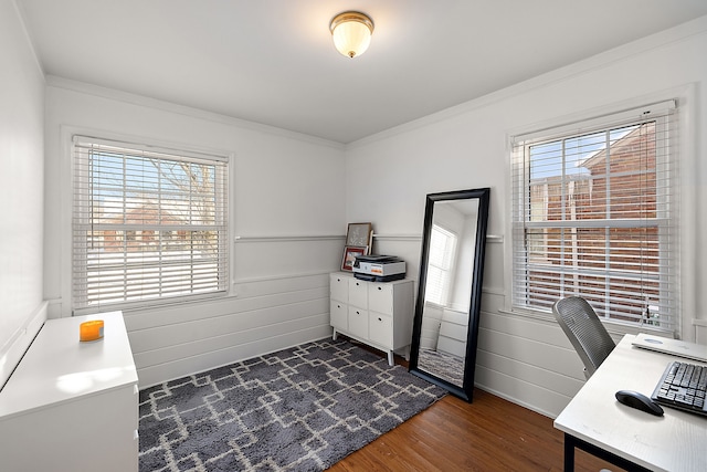 office area with crown molding, dark hardwood / wood-style floors, and wooden walls