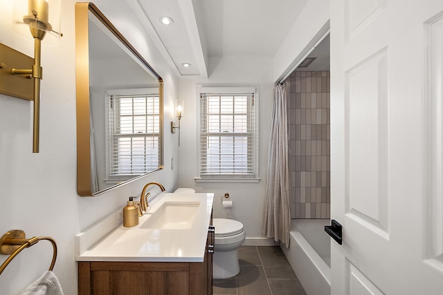 full bathroom with toilet, shower / bathtub combination with curtain, tile patterned flooring, and vanity