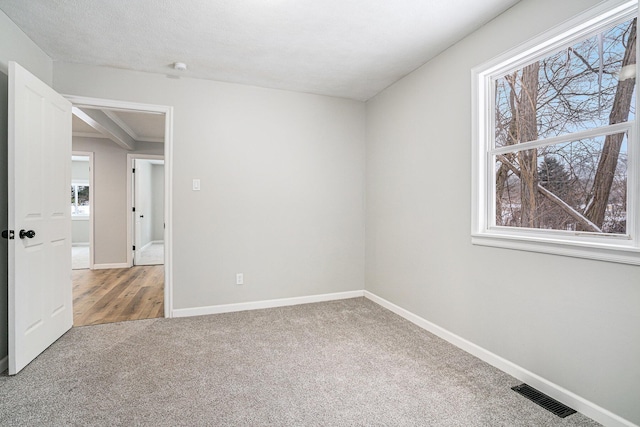 carpeted spare room with plenty of natural light, visible vents, and baseboards