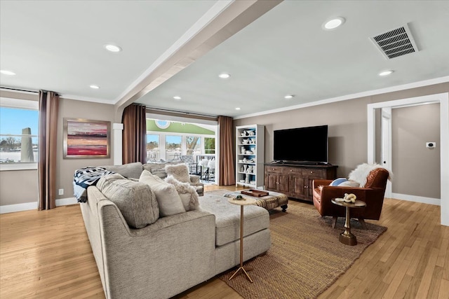 living room with crown molding and light hardwood / wood-style floors