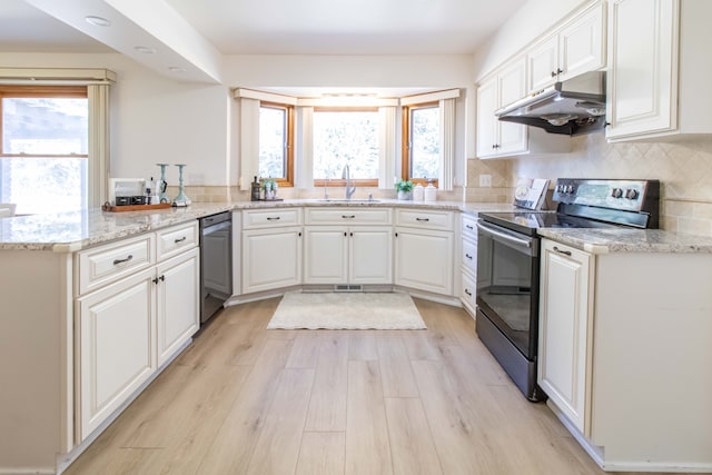 kitchen with range with electric cooktop, under cabinet range hood, a sink, plenty of natural light, and backsplash