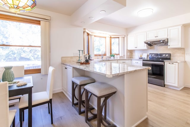 kitchen with under cabinet range hood, a breakfast bar area, stainless steel electric range oven, a wealth of natural light, and white cabinetry