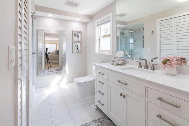 full bathroom featuring tile patterned flooring, toilet, visible vents, and a stall shower