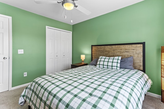 bedroom featuring carpet, a closet, and ceiling fan