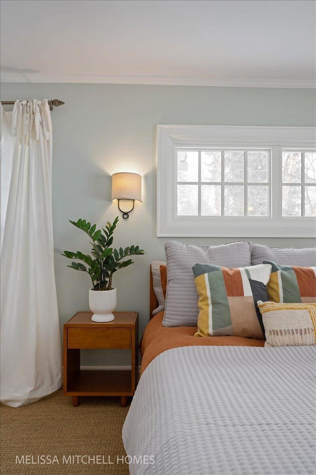 carpeted bedroom featuring crown molding