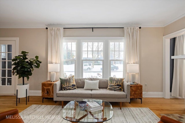 living room featuring hardwood / wood-style flooring and ornamental molding