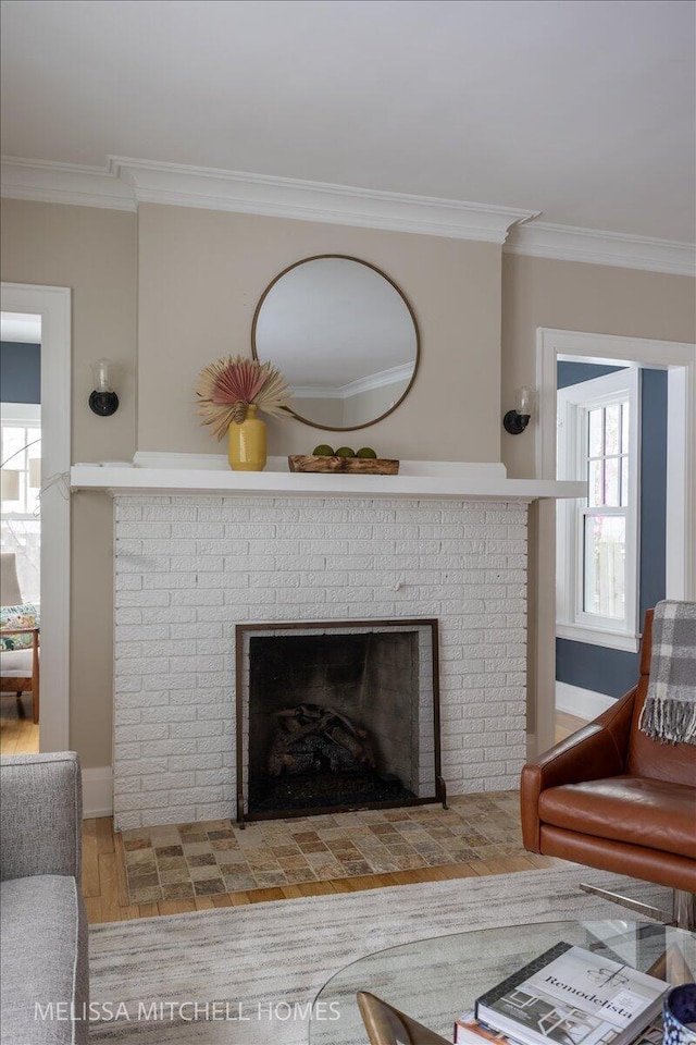 room details featuring a fireplace, crown molding, and hardwood / wood-style flooring