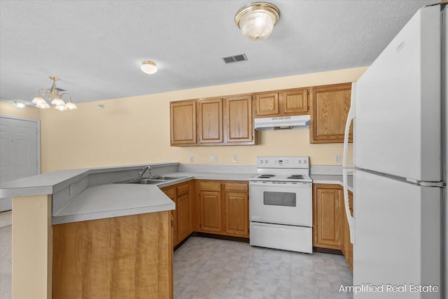 kitchen featuring kitchen peninsula, sink, white appliances, a textured ceiling, and pendant lighting