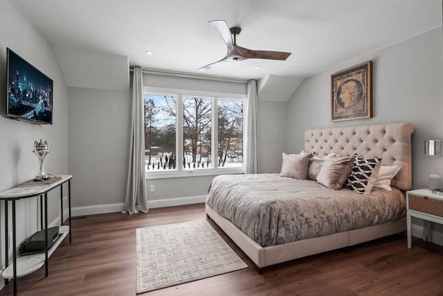 bedroom featuring dark wood finished floors, recessed lighting, vaulted ceiling, ceiling fan, and baseboards