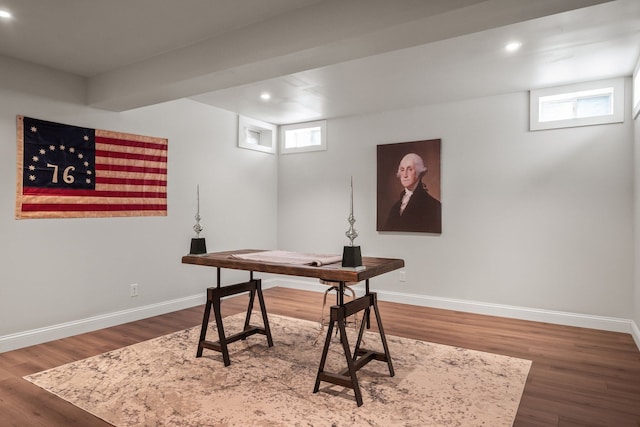 home office with baseboards, dark wood finished floors, and recessed lighting