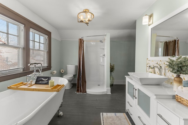 bathroom featuring toilet, a shower stall, vanity, and wood finished floors