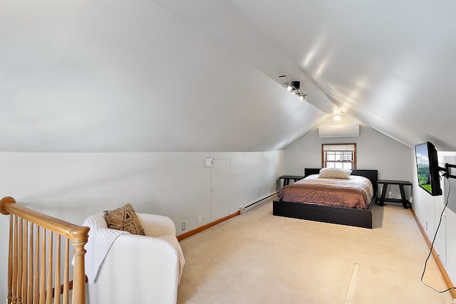 bedroom featuring light carpet, baseboards, a wall unit AC, lofted ceiling, and baseboard heating