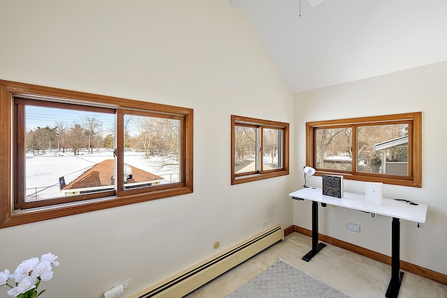 office space featuring high vaulted ceiling, light colored carpet, a baseboard heating unit, and baseboards