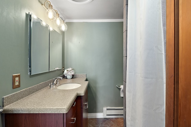 full bath featuring crown molding, baseboard heating, vanity, baseboards, and tile patterned floors