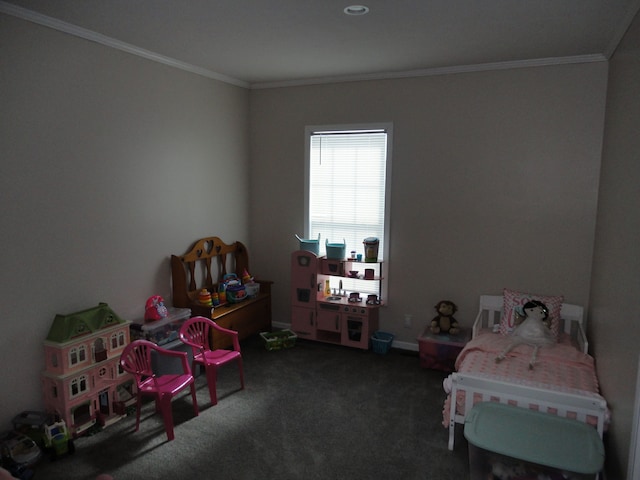 bedroom featuring dark colored carpet and crown molding