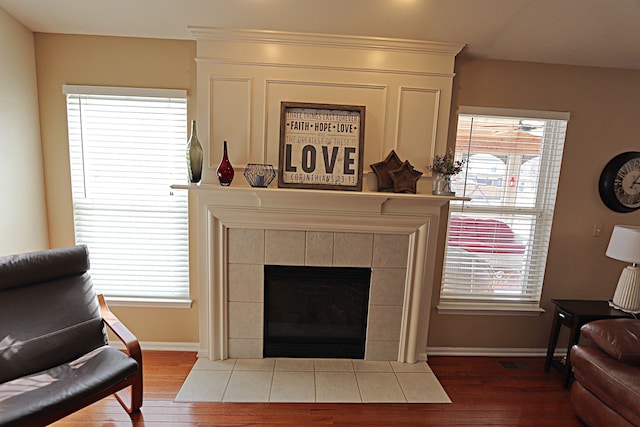 living room featuring a fireplace, hardwood / wood-style flooring, and a wealth of natural light