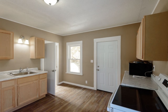 kitchen with hardwood / wood-style flooring, white electric stove, a textured ceiling, light brown cabinets, and sink