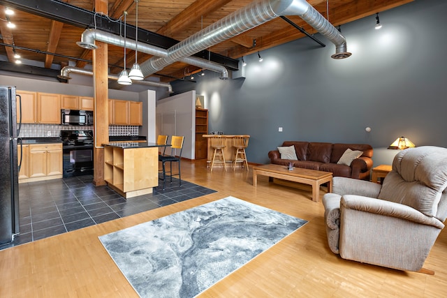 living room featuring dark wood-style floors, a high ceiling, and rail lighting