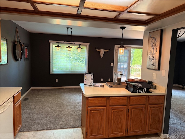 42201 Hidden Brook Dr Unit 68, Clinton Township, MI 48038 - kitchen with light colored carpet, light countertops, dishwasher, brown cabinetry, and a peninsula
