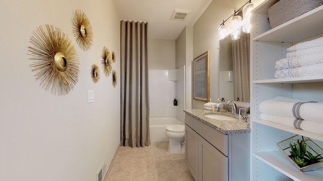 full bathroom featuring tile patterned floors, toilet, shower / bath combo, and vanity