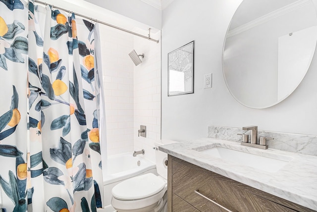 full bathroom with shower / tub combo with curtain, toilet, vanity, and crown molding