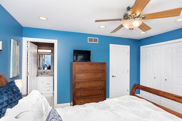 bedroom with recessed lighting, visible vents, a closet, and a ceiling fan