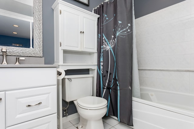 bathroom with vanity, shower / bathtub combination with curtain, recessed lighting, tile patterned flooring, and toilet