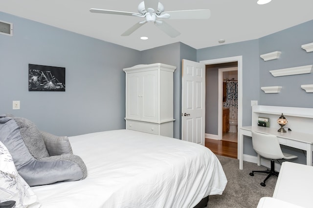 bedroom with visible vents, baseboards, recessed lighting, ceiling fan, and carpet flooring