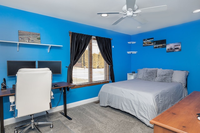 bedroom featuring recessed lighting, a ceiling fan, baseboards, and carpet floors