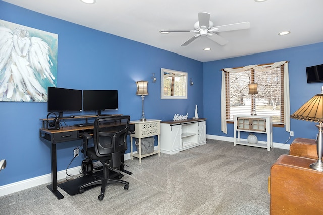 office area featuring recessed lighting, ceiling fan, baseboards, and carpet floors