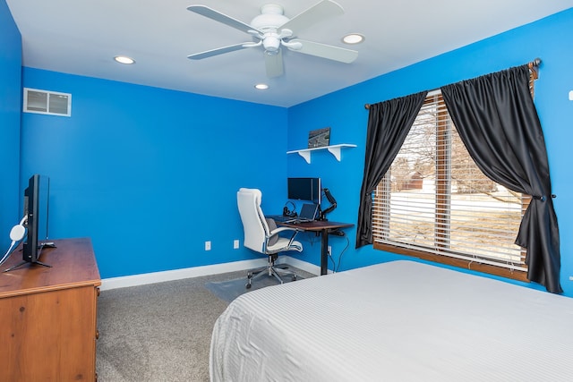 carpeted bedroom with visible vents, recessed lighting, a ceiling fan, and baseboards