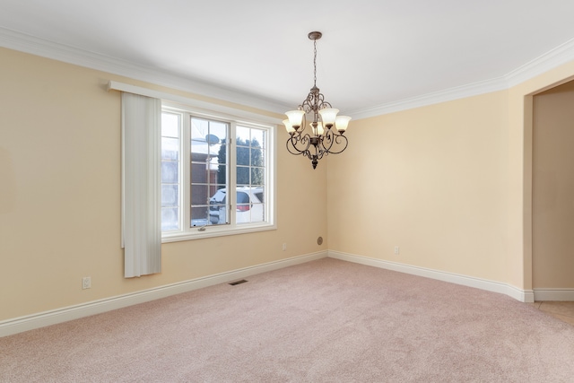 carpeted empty room featuring baseboards, an inviting chandelier, visible vents, and crown molding