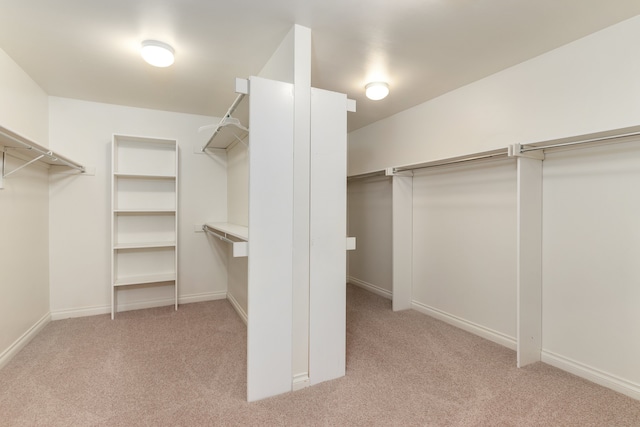 walk in closet with light carpet