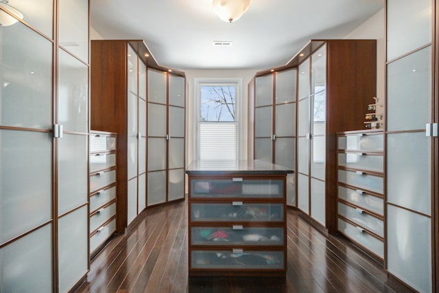 spacious closet featuring dark wood finished floors and visible vents